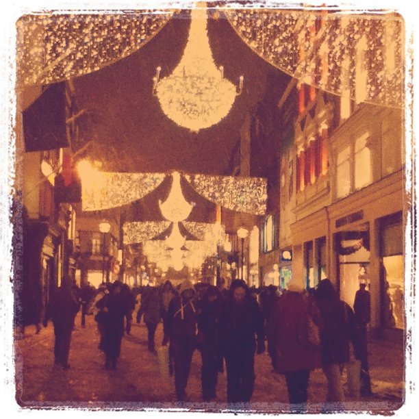 Christmas lights on grafton street in the snow