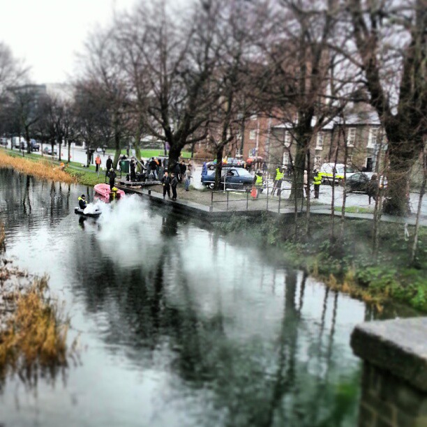 Filming on the canal at leeson Street bridge this morning