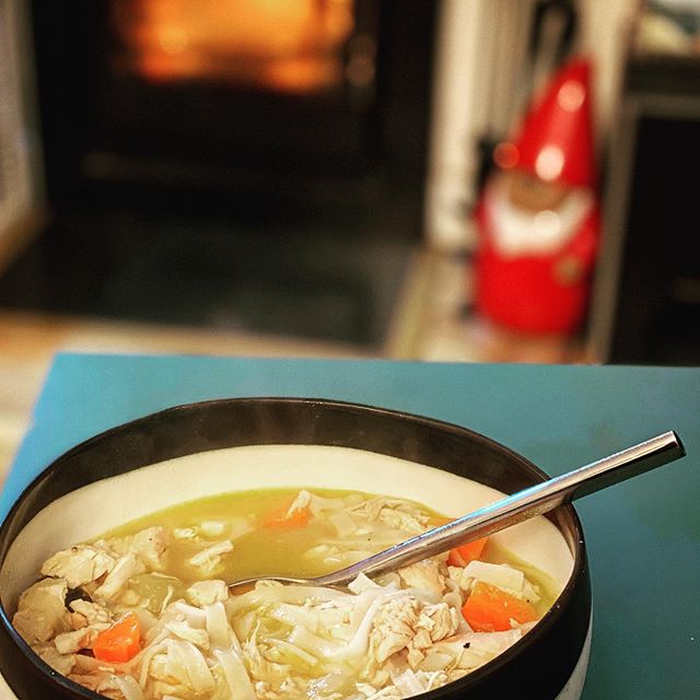 Fire on and a nice chicken noodle soup to keep me warm!