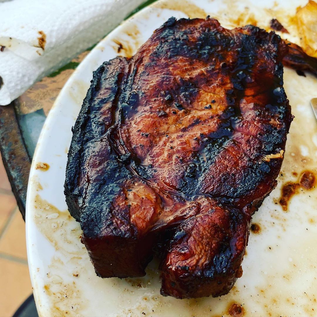 Teriyaki marinated pork chops - on the bbq.... apologies for the messy plate,  will lick it clean when done