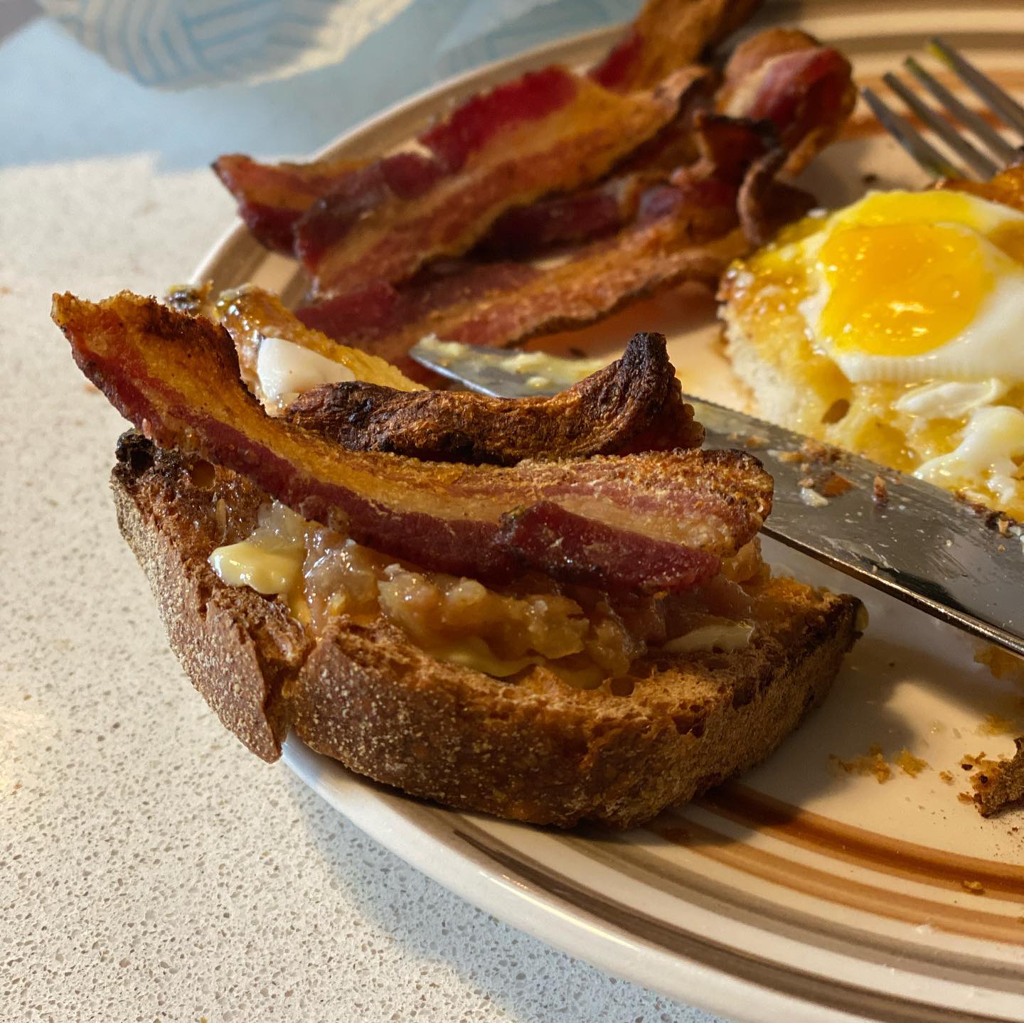 Bacon on bacon (jam) for brekkie. Poor jar didn’t even last 24 hours in the house. Will be stocking up on this delicious goodness next weekend from @mcloughlinbutchers